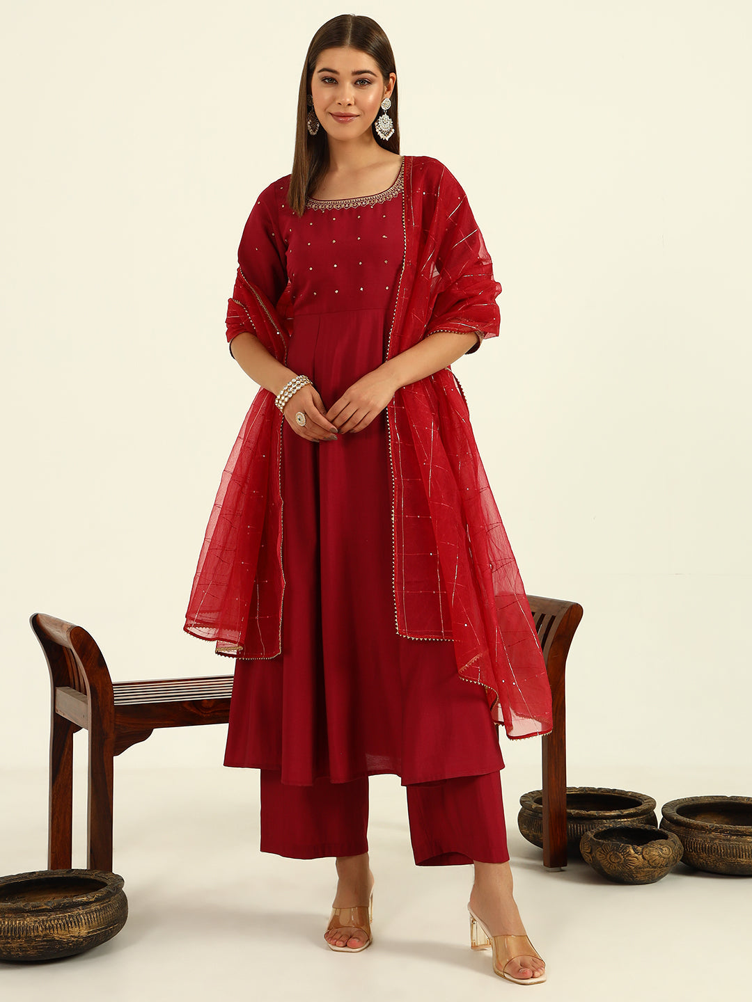 FIORRA Women's Maroon Viscose Chanderi A-line Kurta with Pant and Dupatta